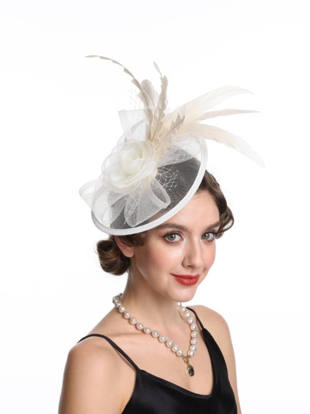 Women Fascinator Hair Clip Feather Flower Wedding Party Hat Cream